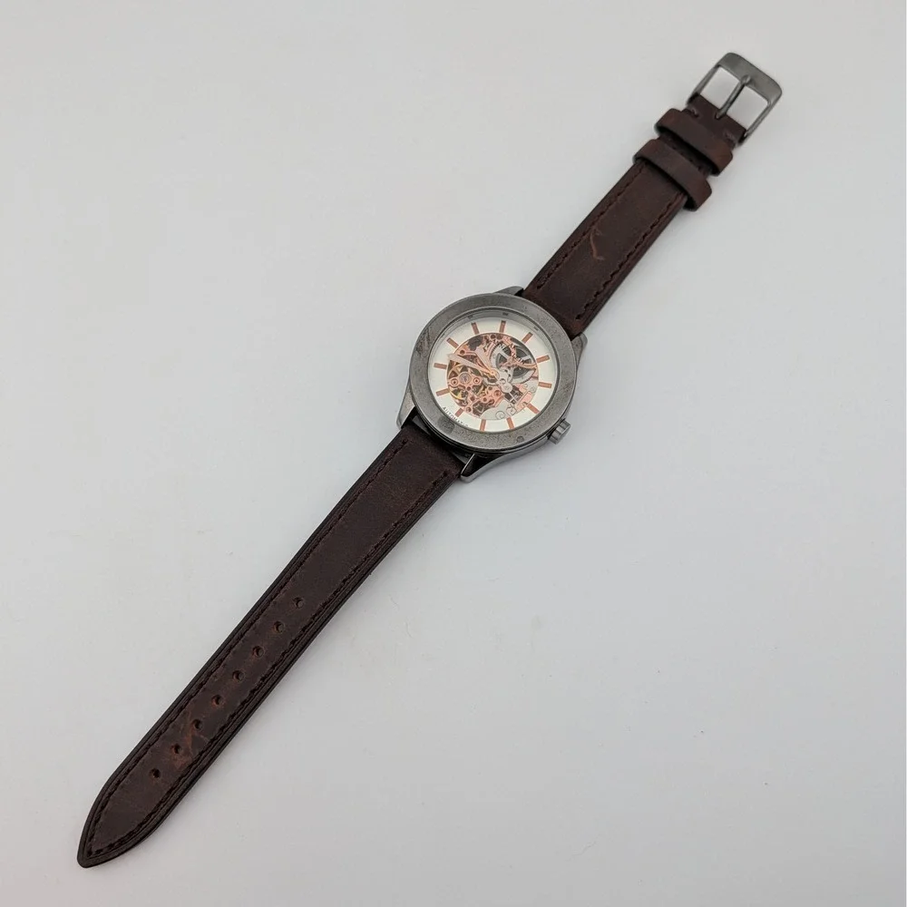 Anne Klein Automatic Skeleton Watch Rose Gold Tone Brown Leather 40mm TY2807RG